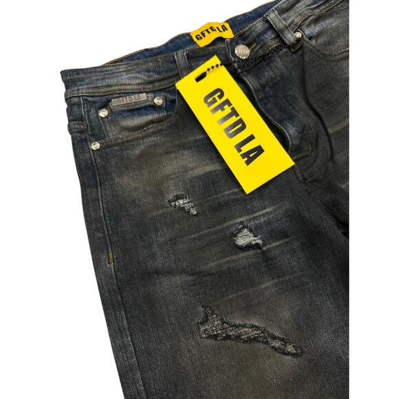 GFTD LA Los Angeles Men's Skinny Fit Jeans Vintage Oil Wash Distressed Rip Denim - Picture 4 of 4